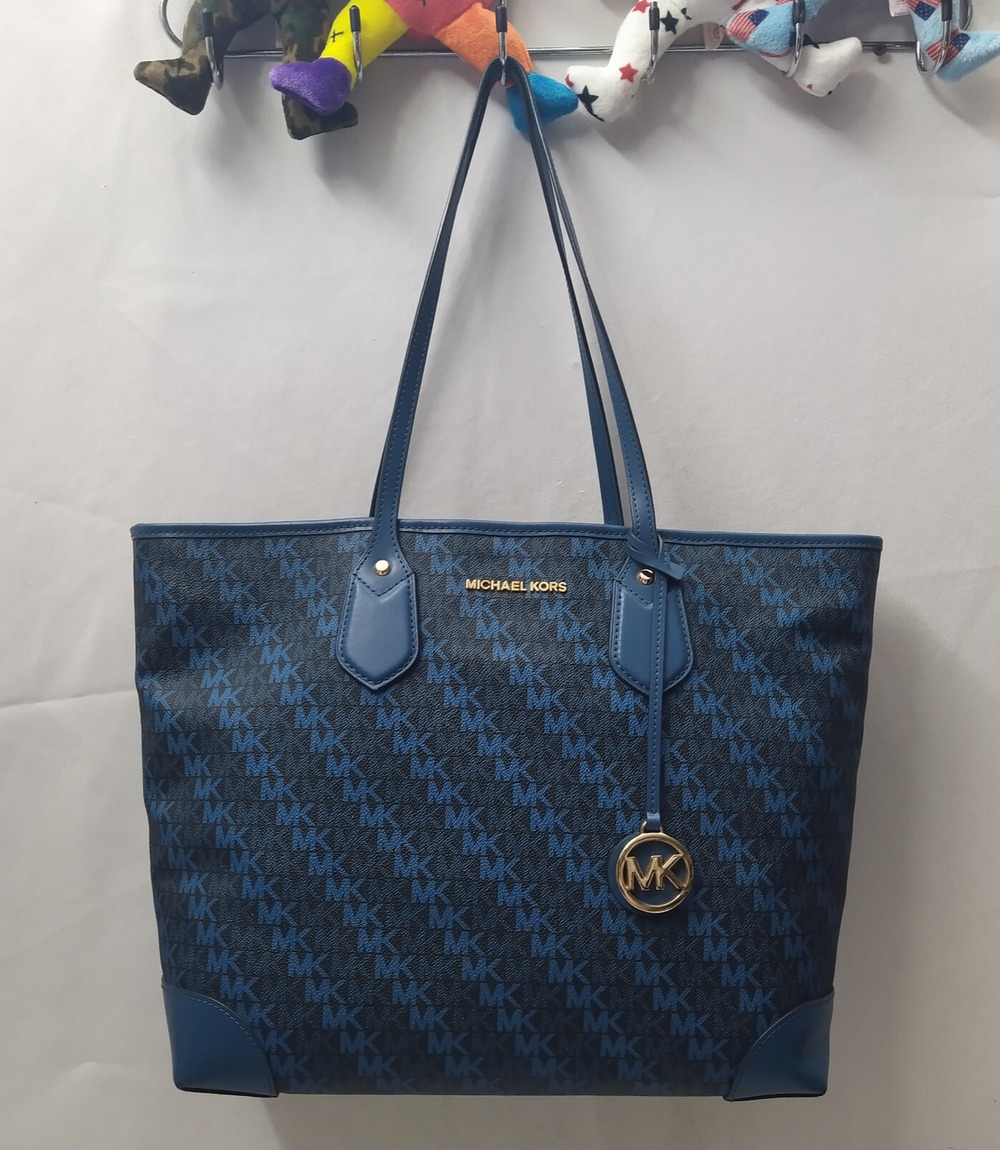 Michael Kors Eva Blue Leather MK Printed Double Handles Tote Bag